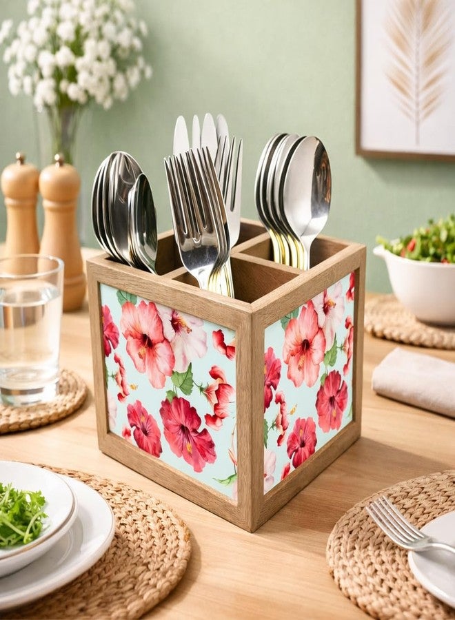 Nutcase Wooden Cutlery Stand Holder Silverware Caddy Spoons Forks Knives Organizer for Dining Table & Kitchen -Made in India-Spoons NOT Included - Hibiscus with White Background - Image 2